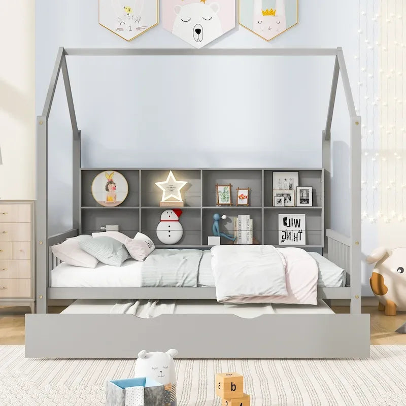 Full House Bed with Trundle and Shelf - Natural Wood