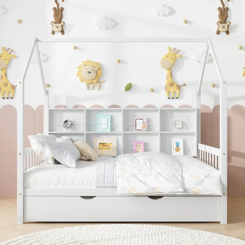Full House Bed with Trundle and Shelf - Natural Wood