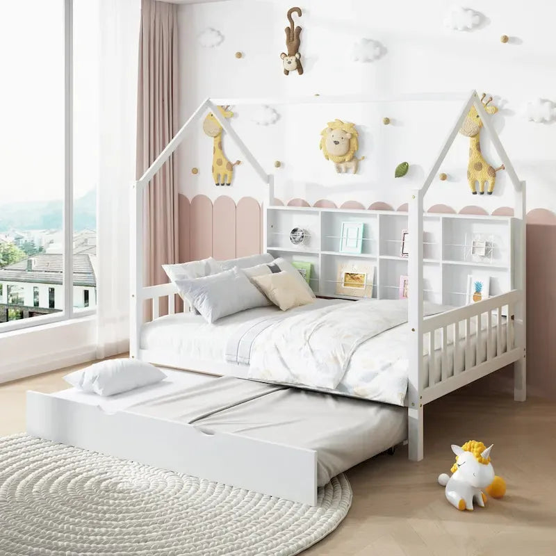 Full House Bed with Trundle and Shelf - Natural Wood