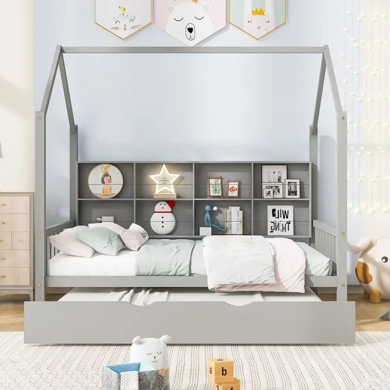 Full House Bed with Trundle and Shelf - Natural Wood