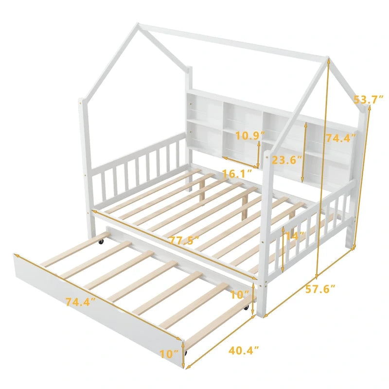 Full House Bed with Trundle and Shelf - Natural Wood