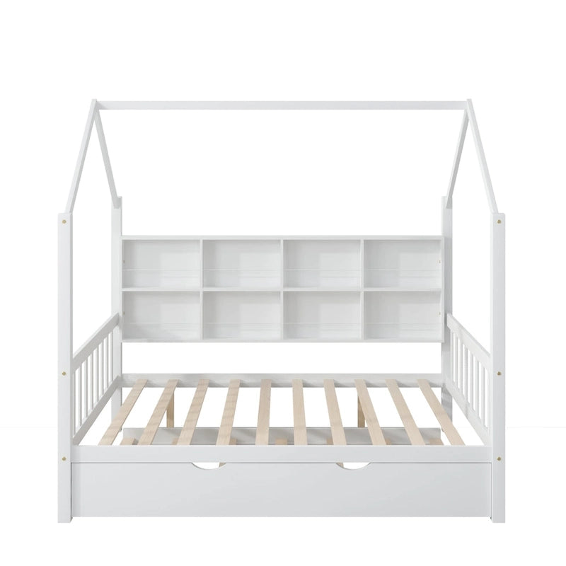 Full House Bed with Trundle and Shelf - Natural Wood