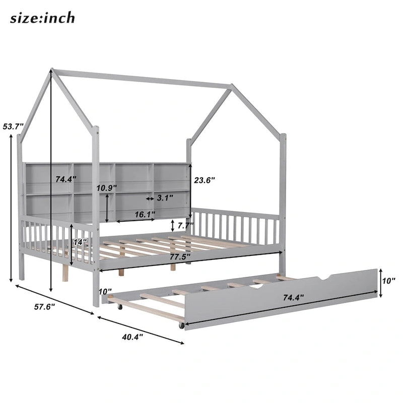 Full House Bed with Trundle and Shelf - Natural Wood