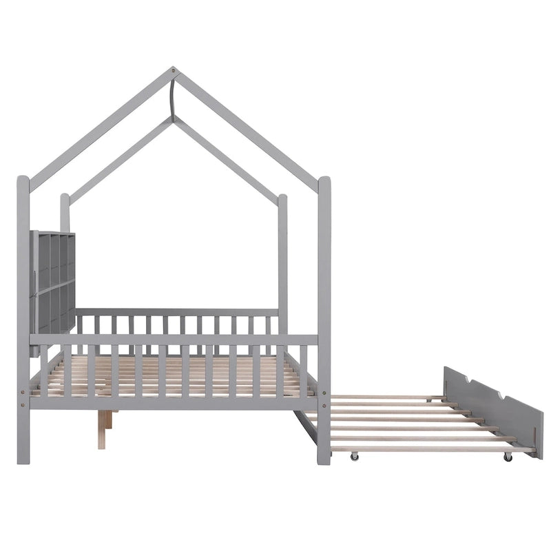 Full House Bed with Trundle and Shelf - Natural Wood