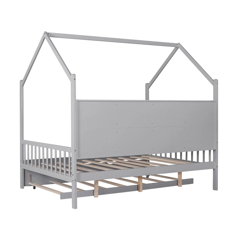 Full House Bed with Trundle and Shelf - Natural Wood