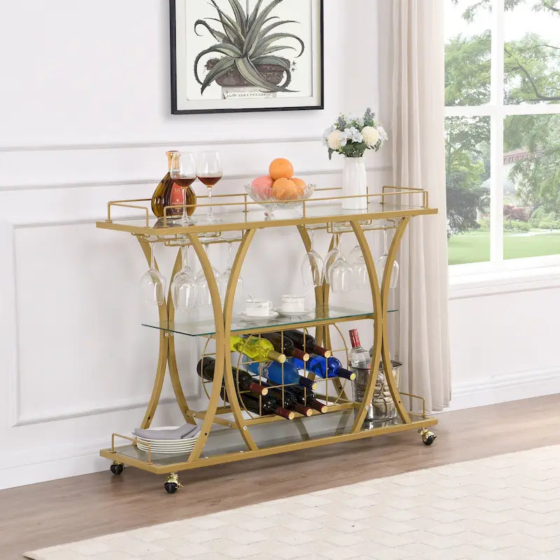 Bar Cart with Wine Rack Tempered Glass Metal Frame Wine Storage