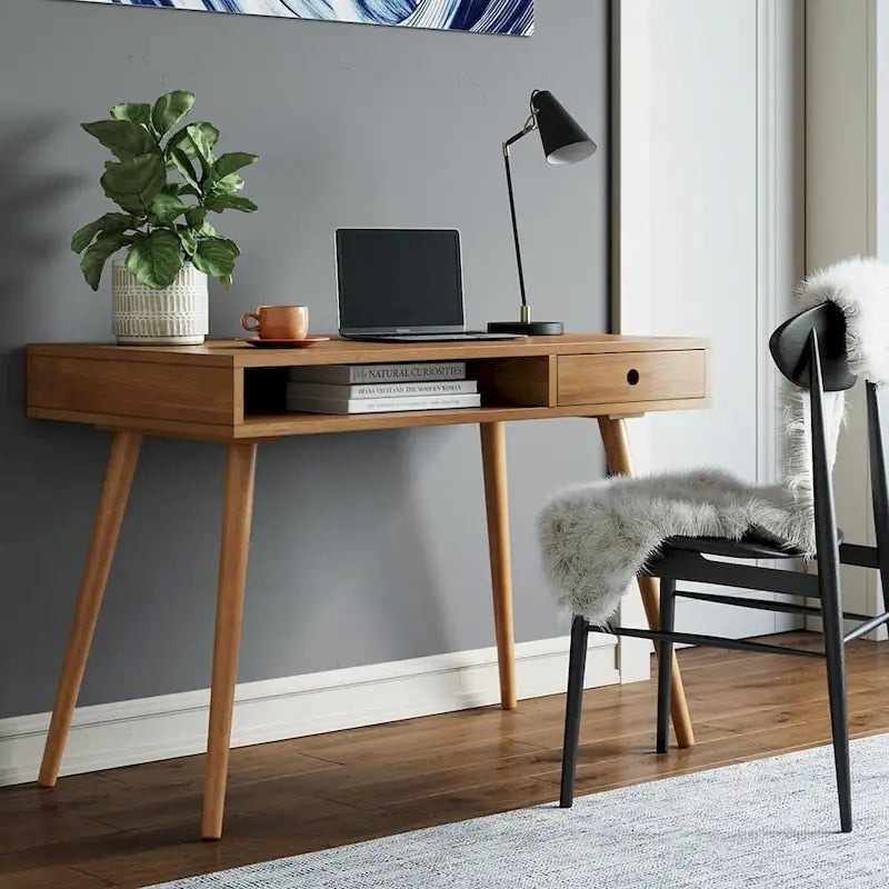 Nathan James Parker Walnut Desk with Open Storage and Small Drawer