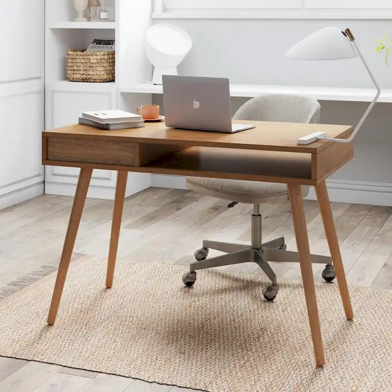 Nathan James Parker Walnut Desk with Open Storage and Small Drawer