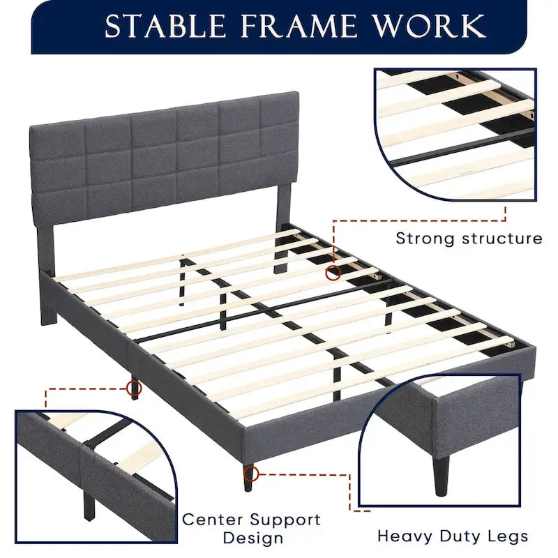 Platform Bed Frame with Fabric Upholstered Headboard