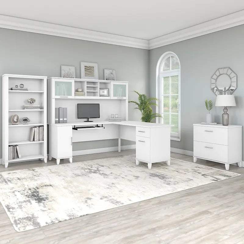 Somerset 72W L Shaped Desk with Hutch, Cabinet and Bookcase in Gray