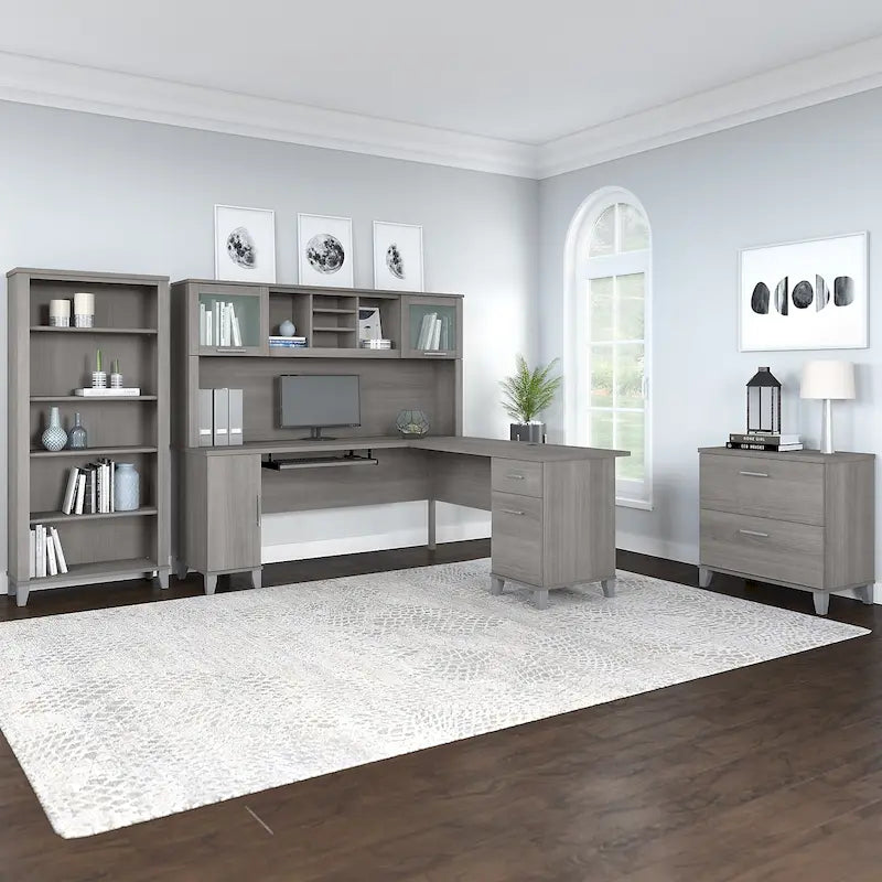 Somerset 72W L Shaped Desk with Hutch, Cabinet and Bookcase in Gray