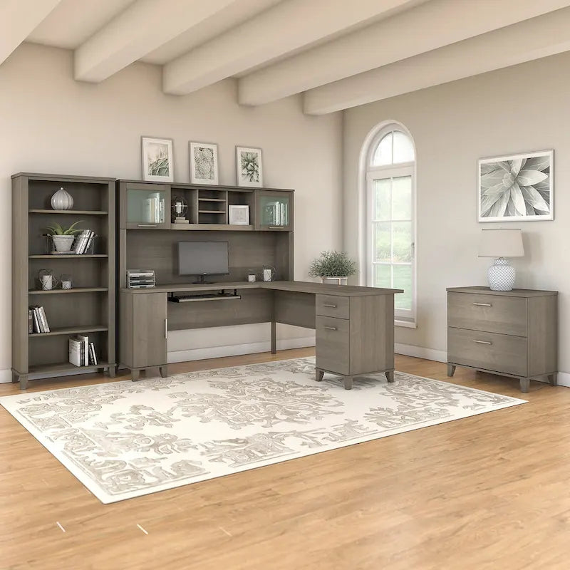 Somerset 72W L Shaped Desk with Hutch, Cabinet and Bookcase in Gray