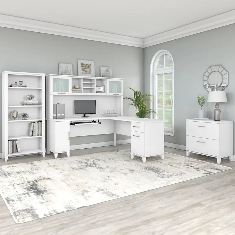 Somerset 72W L Shaped Desk with Hutch, Cabinet and Bookcase in Gray