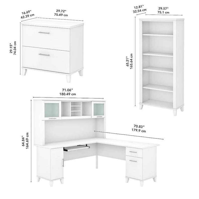 Somerset 72W L Shaped Desk with Hutch, Cabinet and Bookcase in Gray