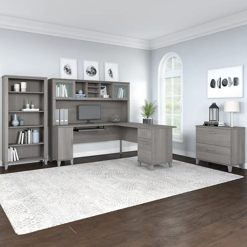 Somerset 72W L Shaped Desk with Hutch, Cabinet and Bookcase in Gray