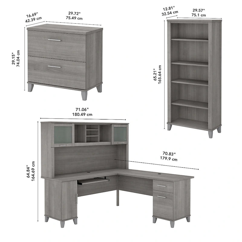 Somerset 72W L Shaped Desk with Hutch, Cabinet and Bookcase in Gray