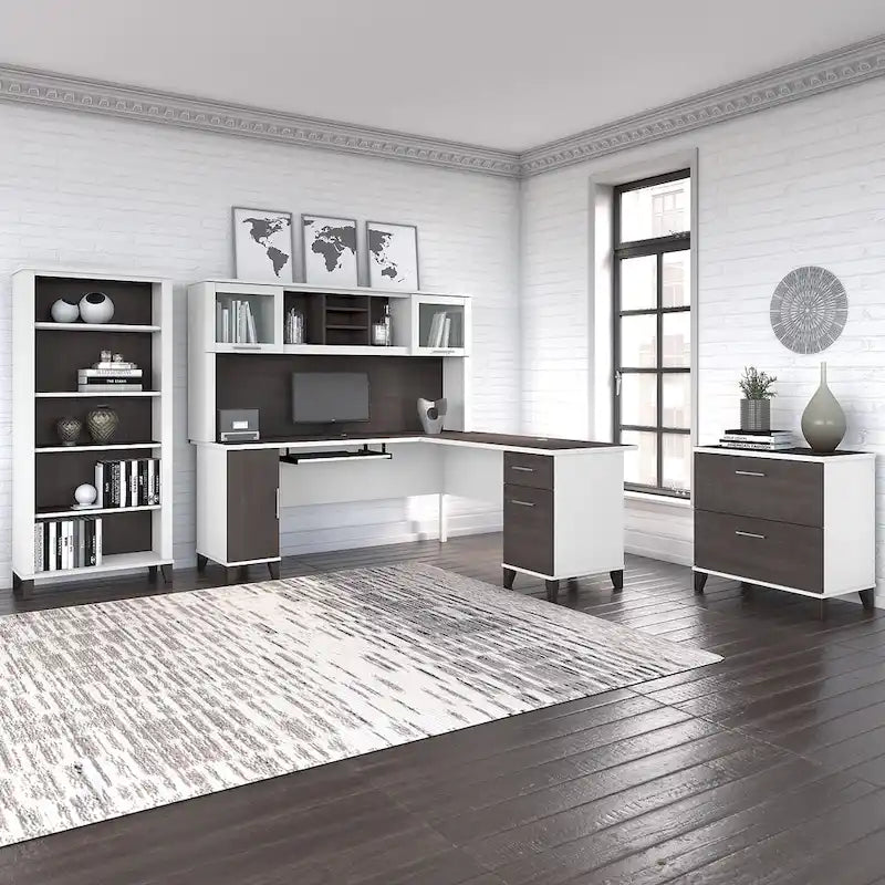 Somerset 72W L Shaped Desk with Hutch, Cabinet and Bookcase in Gray
