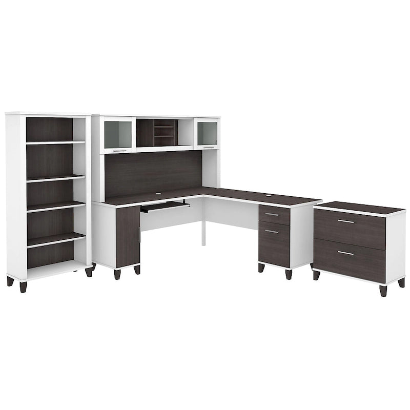 Somerset 72W L Shaped Desk with Hutch, Cabinet and Bookcase in Gray