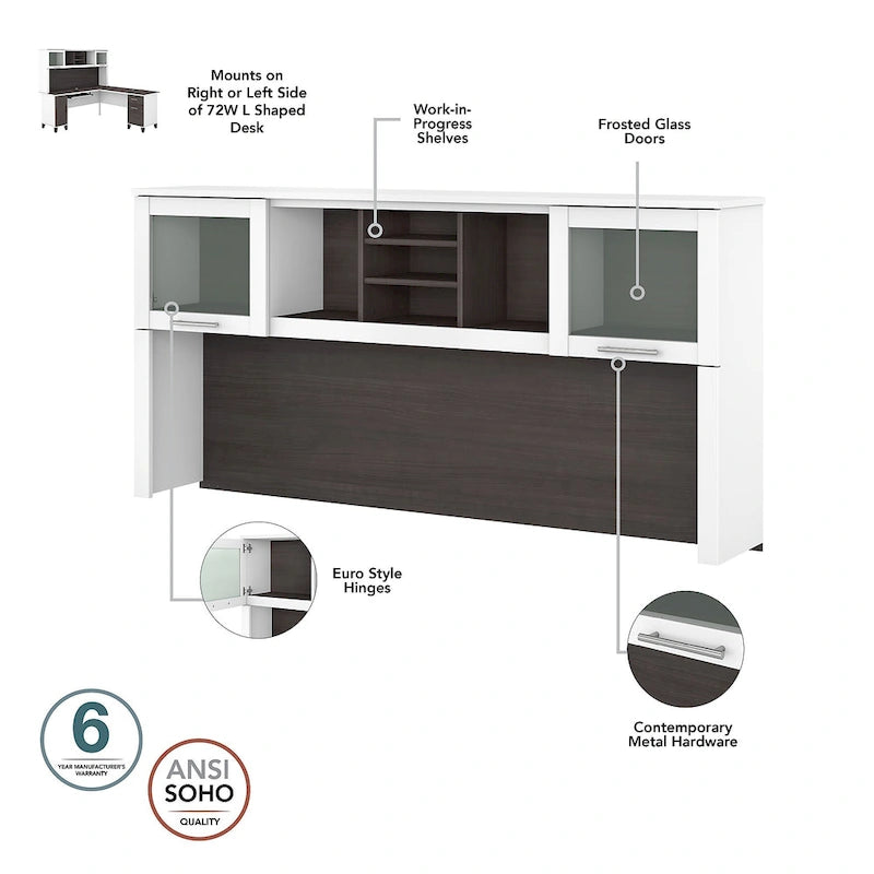 Somerset 72W L Shaped Desk with Hutch, Cabinet and Bookcase in Gray
