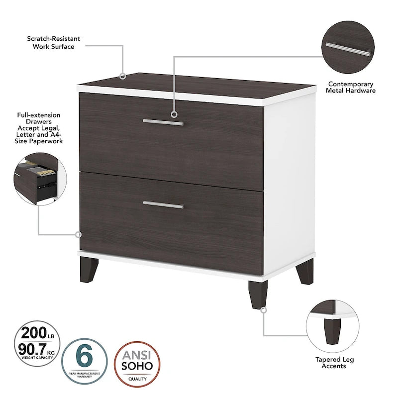 Somerset 72W L Shaped Desk with Hutch, Cabinet and Bookcase in Gray