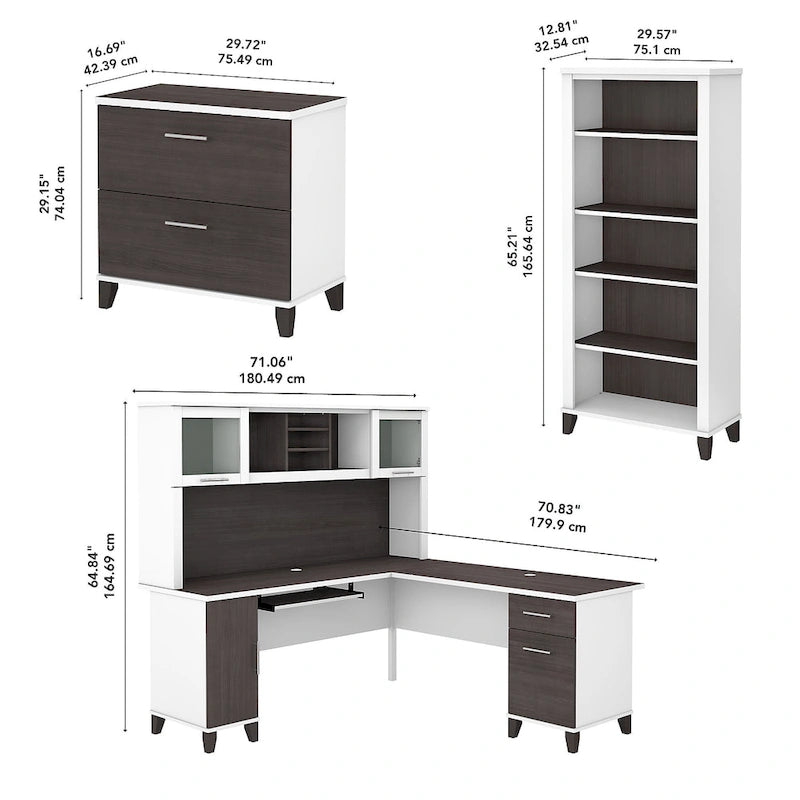 Somerset 72W L Shaped Desk with Hutch, Cabinet and Bookcase in Gray
