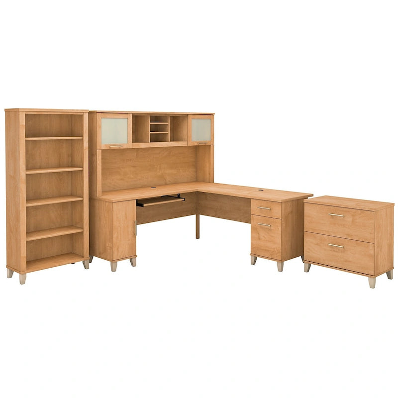 Somerset 72W L Shaped Desk with Hutch, Cabinet and Bookcase in Gray