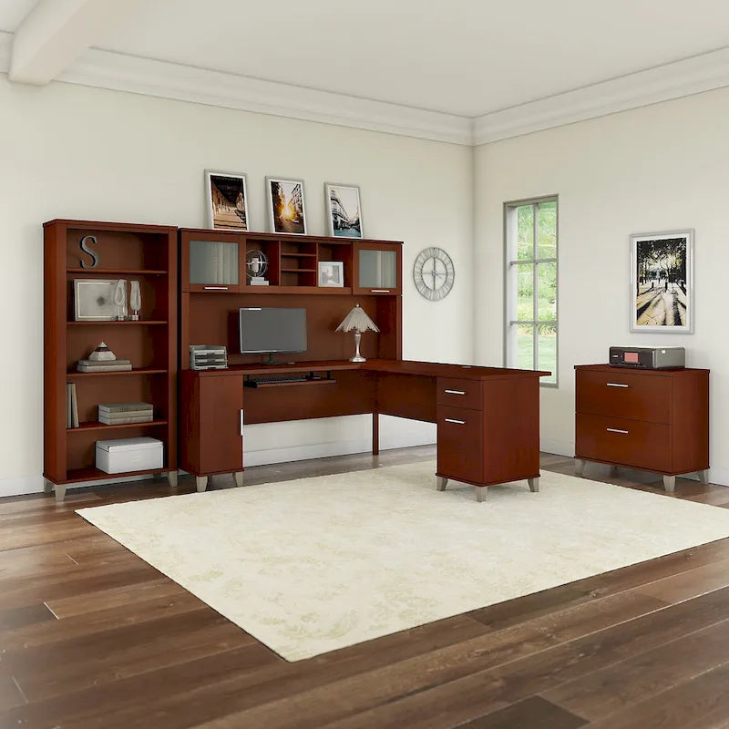 Somerset 72W L Shaped Desk with Hutch, Cabinet and Bookcase in Gray