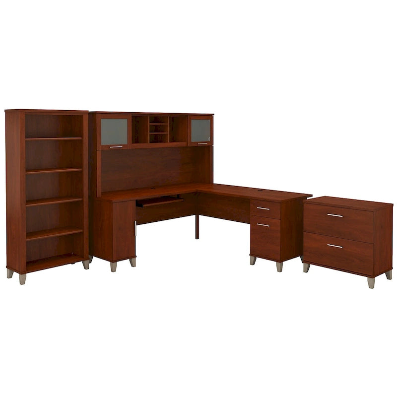 Somerset 72W L Shaped Desk with Hutch, Cabinet and Bookcase in Gray