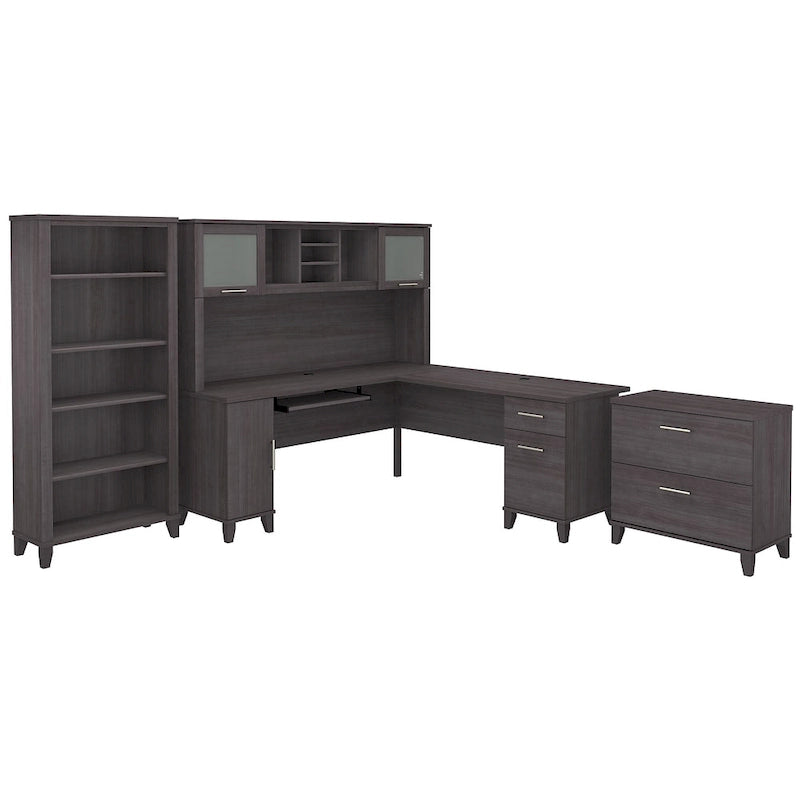 Somerset 72W L Shaped Desk with Hutch, Cabinet and Bookcase in Gray