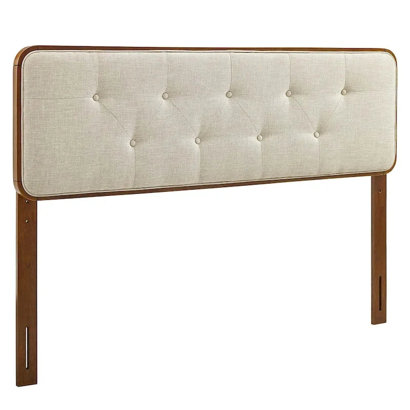 Glendale Traditional Beige Fabric Button Tufted Twin Size Walnut Wooden Headboard