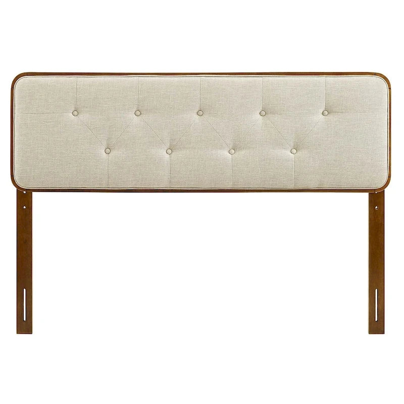 Glendale Traditional Beige Fabric Button Tufted Twin Size Walnut Wooden Headboard