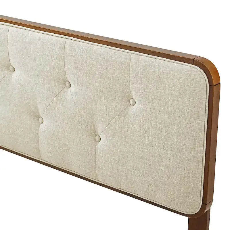 Glendale Traditional Beige Fabric Button Tufted Twin Size Walnut Wooden Headboard