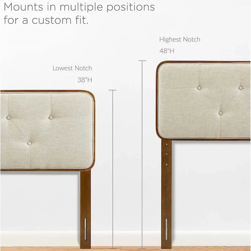 Glendale Traditional Beige Fabric Button Tufted Twin Size Walnut Wooden Headboard