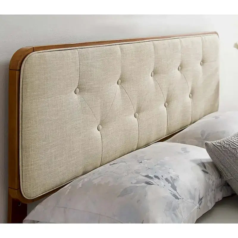 Glendale Traditional Beige Fabric Button Tufted Twin Size Walnut Wooden Headboard