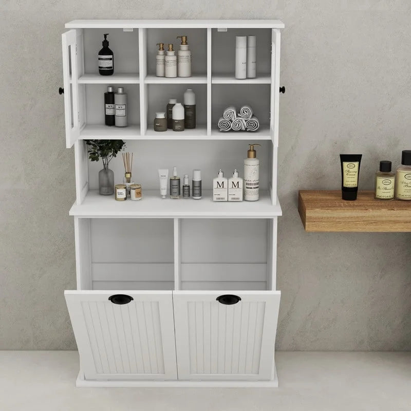 Two-Compartment Tilt-Out Dirty Laundry Basket Tall Bathroom Cabinet