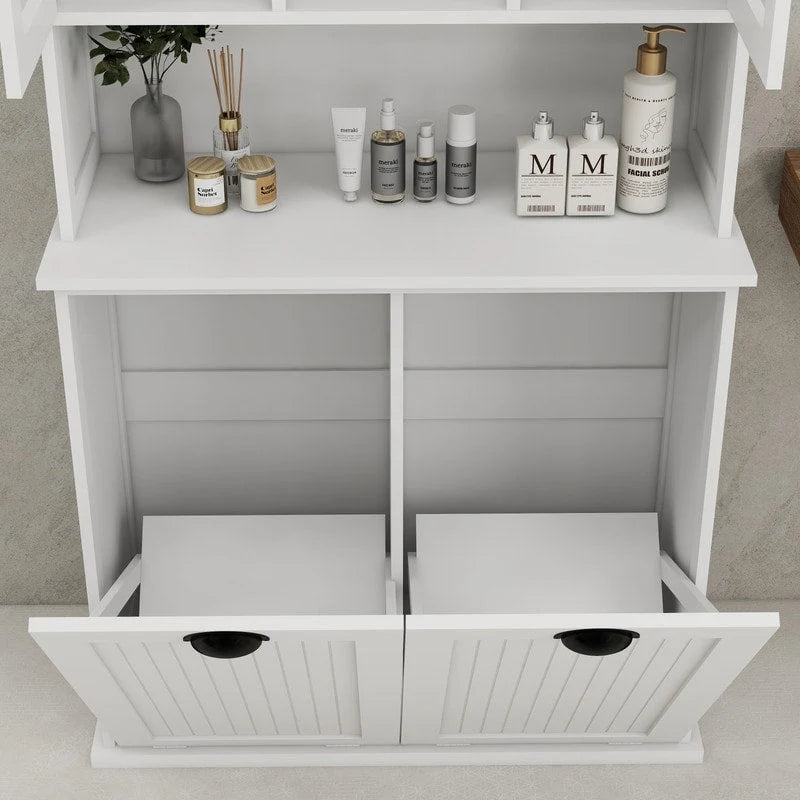 Two-Compartment Tilt-Out Dirty Laundry Basket Tall Bathroom Cabinet