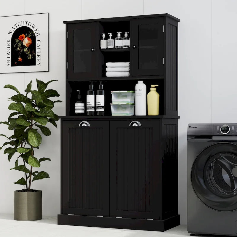 Two-Compartment Tilt-Out Dirty Laundry Basket Tall Bathroom Cabinet