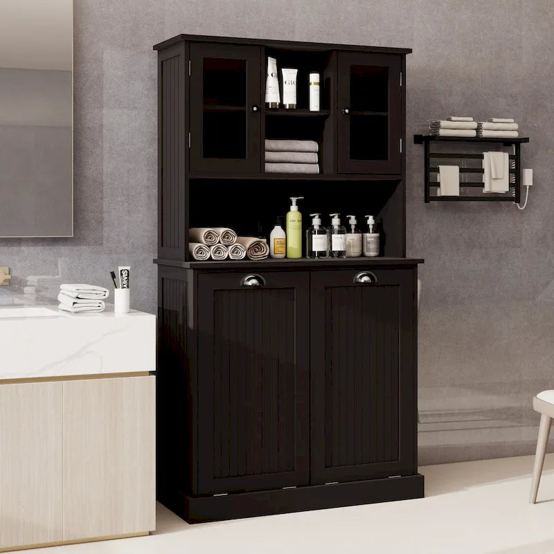 Two-Compartment Tilt-Out Dirty Laundry Basket Tall Bathroom Cabinet
