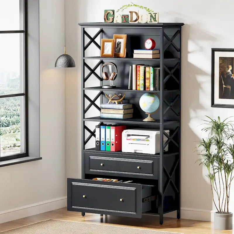 2 Drawer Black File Cabinet with Storage Shelves