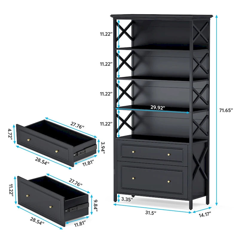 2 Drawer Black File Cabinet with Storage Shelves