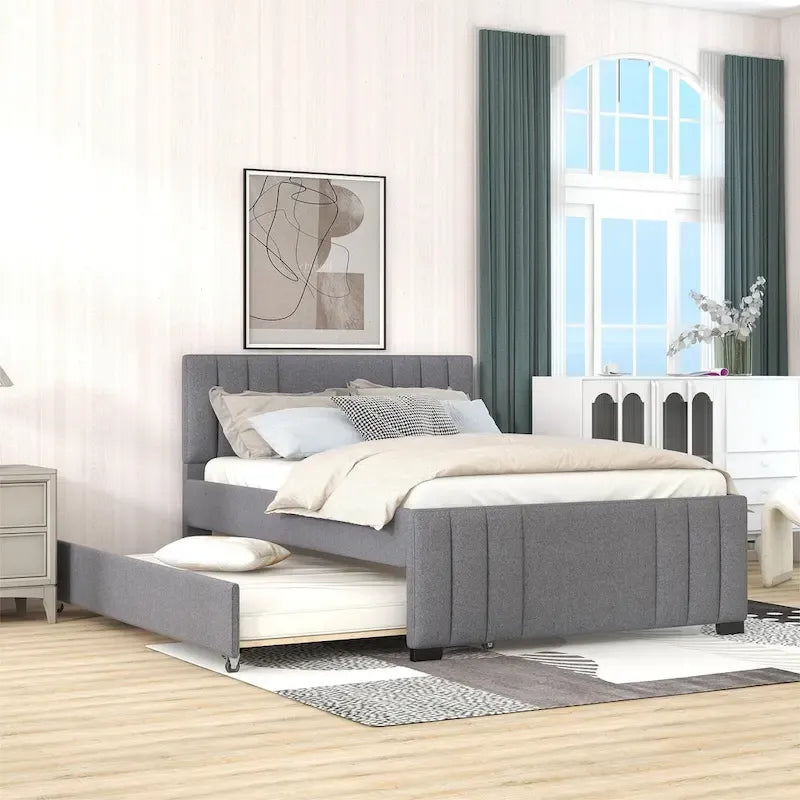 Full Platform Bed with Trundle - Grey Linen