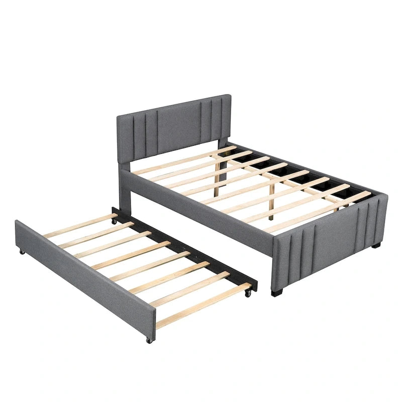 Full Platform Bed with Trundle - Grey Linen