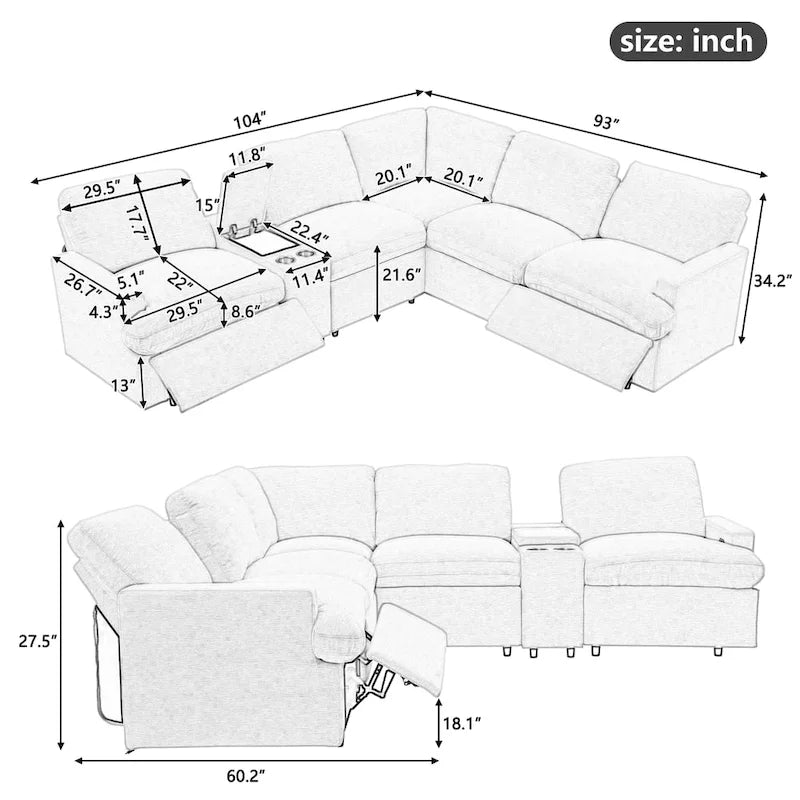 104 Power Recliner Corner Sofa Home Theater Reclining Sofa Sectional Couches with Storage Box, Cup Holders, USB Ports and Powe