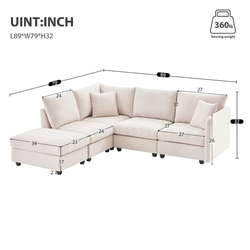 [VIDEO provided][New]89*79Modern Sectional Sofa with Vertical Stripes,2 Pillows,5-Seat Couch with Convertible Ottoman,Various C
