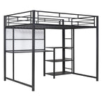 Full Size Loft Bed with Desk and Whiteboard, Metal Loft Bed with 3 Shelves and Ladder, Black