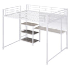 Full Size Loft Bed with Desk and Whiteboard, Metal Loft Bed with 3 Shelves and Ladder, Black
