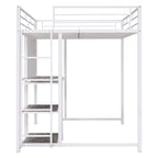 Full Size Loft Bed with Desk and Whiteboard, Metal Loft Bed with 3 Shelves and Ladder, Black