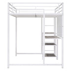 Full Size Loft Bed with Desk and Whiteboard, Metal Loft Bed with 3 Shelves and Ladder, Black