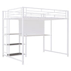 Full Size Loft Bed with Desk and Whiteboard, Metal Loft Bed with 3 Shelves and Ladder, Black