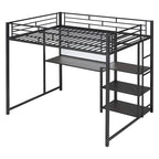 Full Size Loft Bed with Desk and Whiteboard, Metal Loft Bed with 3 Shelves and Ladder, Black